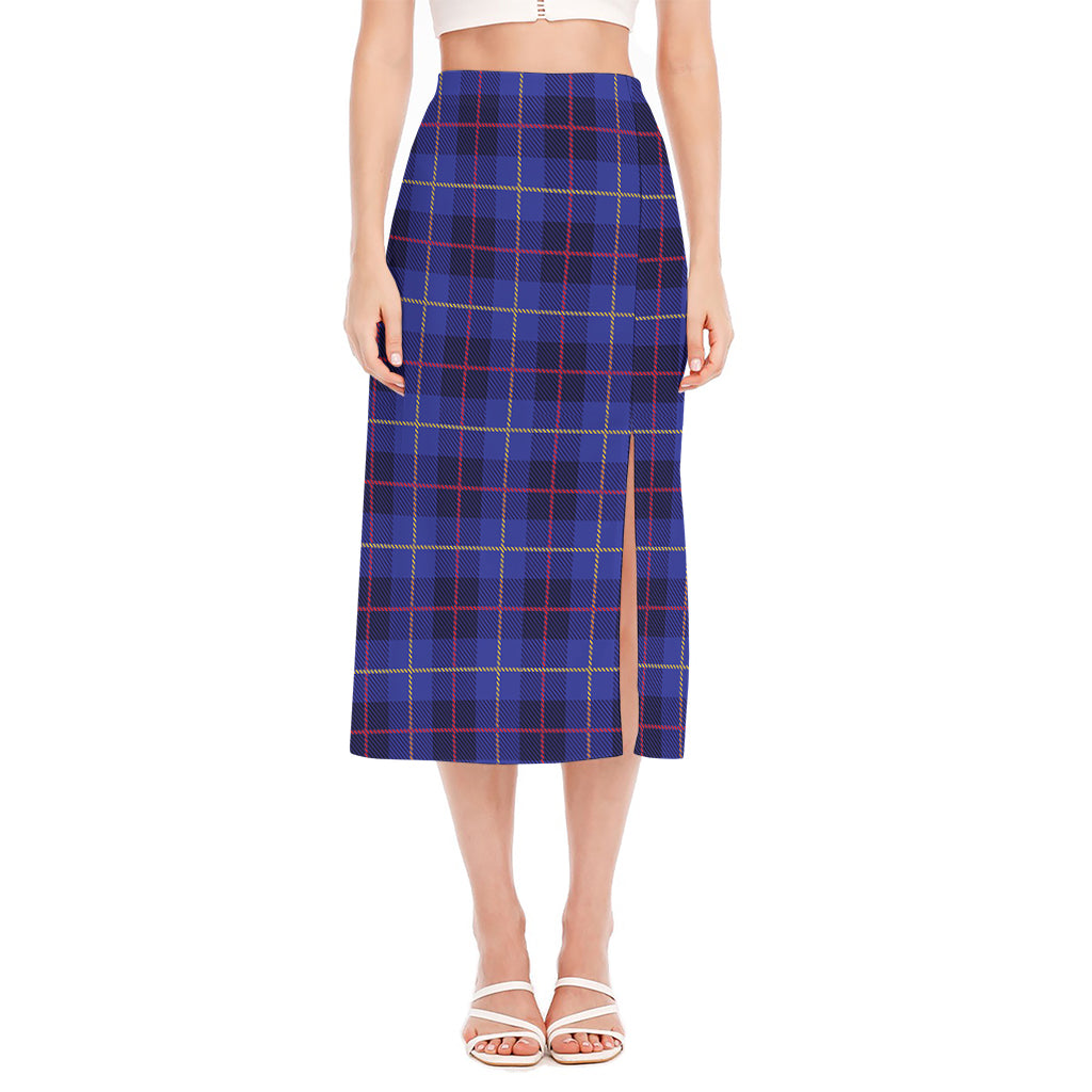 Deep Blue Stewart Tartan Print Side Slit Midi Skirt