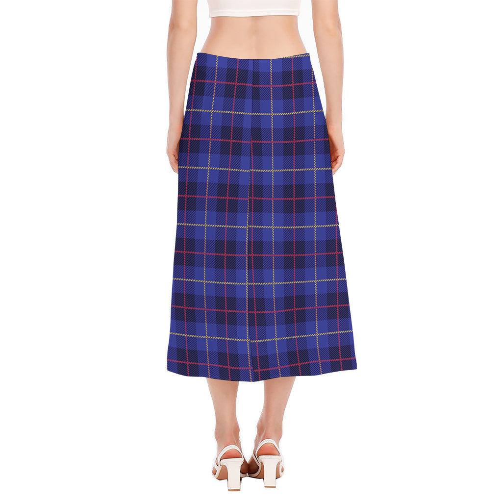 Deep Blue Stewart Tartan Print Side Slit Midi Skirt