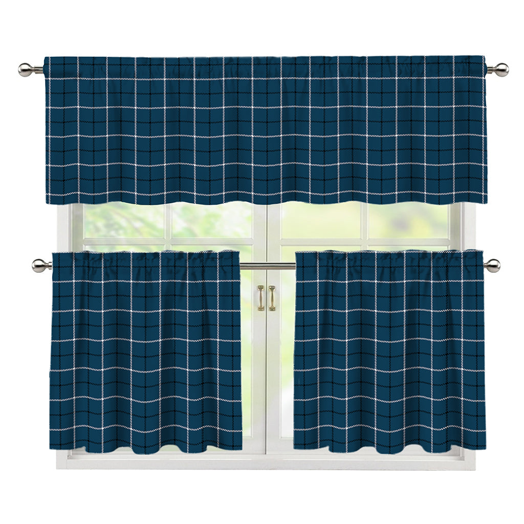 Deep Blue Tattersall Pattern Print 3 Piece Kitchen Curtains