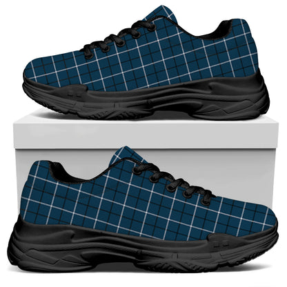 Deep Blue Tattersall Pattern Print Black Chunky Shoes