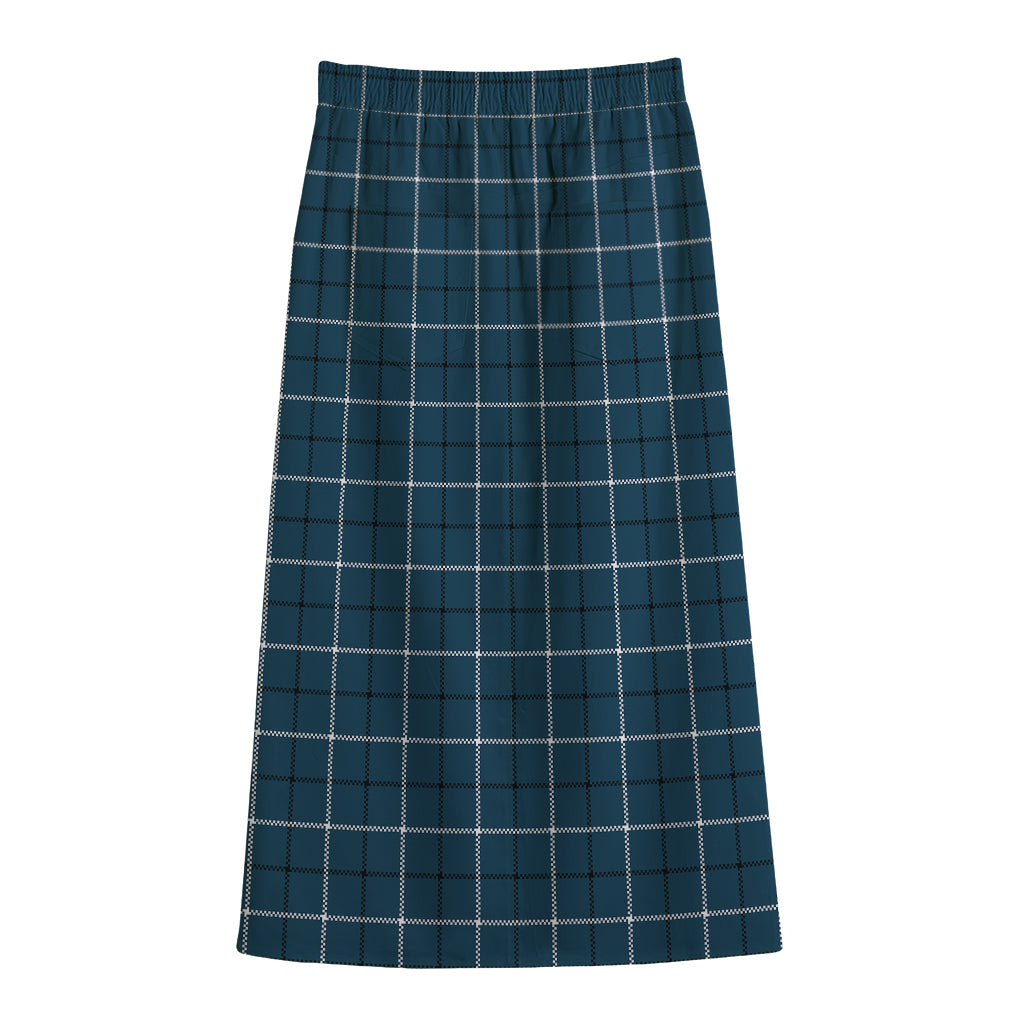 Deep Blue Tattersall Pattern Print Cotton Front Slit Maxi Skirt