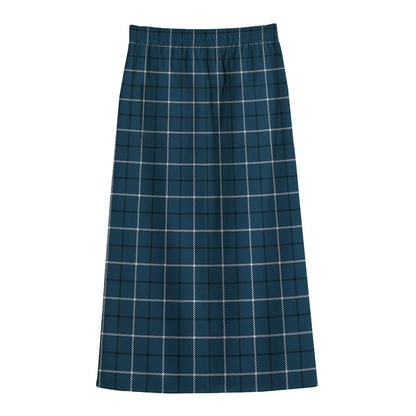Deep Blue Tattersall Pattern Print Cotton Front Slit Maxi Skirt