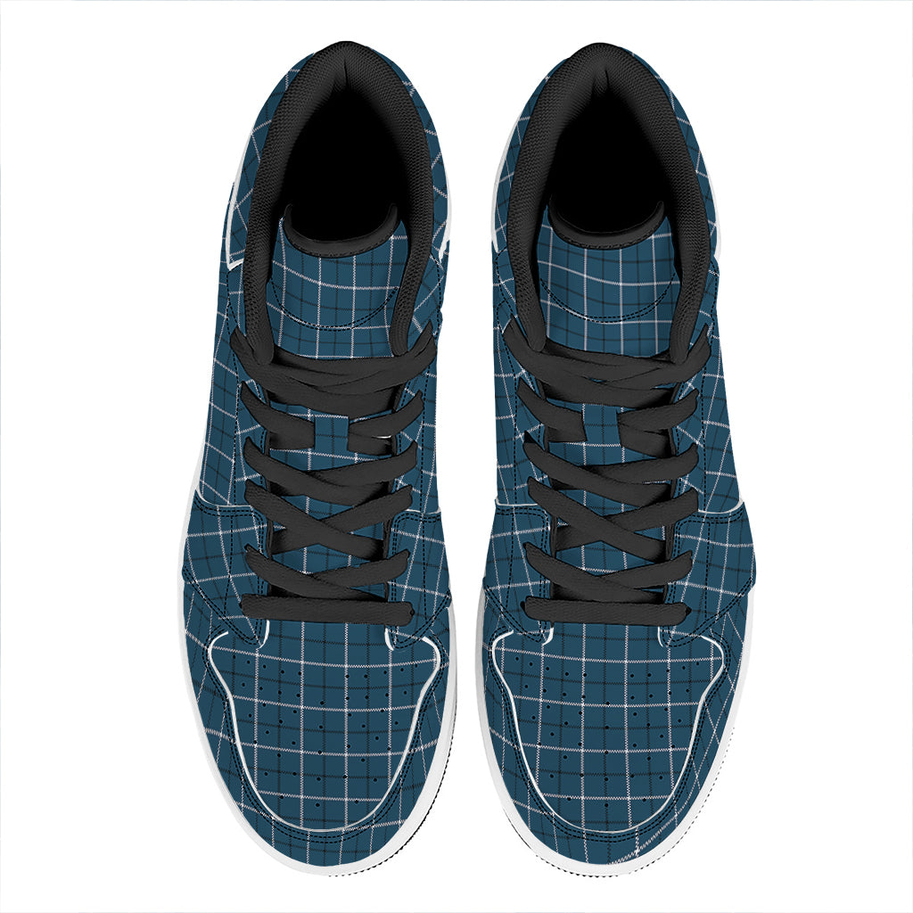 Deep Blue Tattersall Pattern Print High Top Leather Sneakers