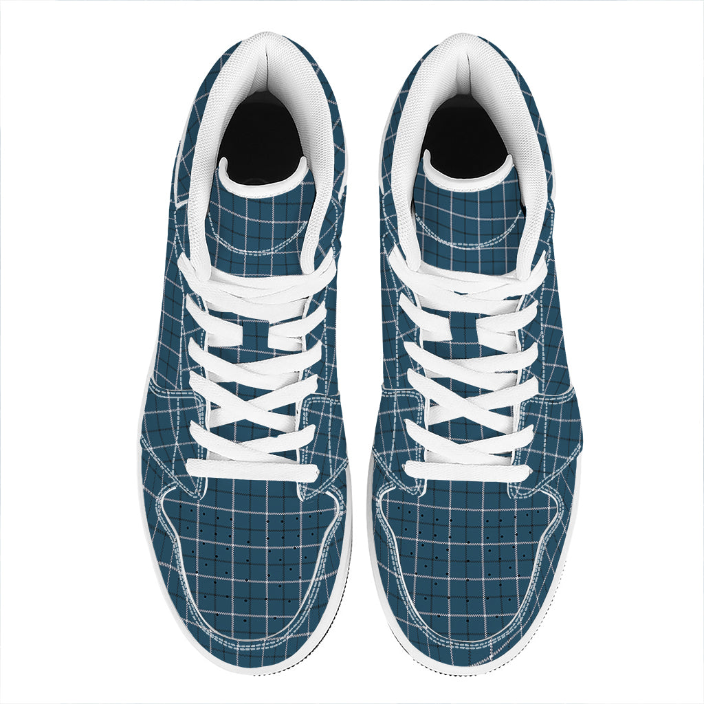 Deep Blue Tattersall Pattern Print High Top Leather Sneakers