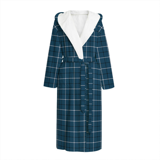 Deep Blue Tattersall Pattern Print Hooded Bathrobe