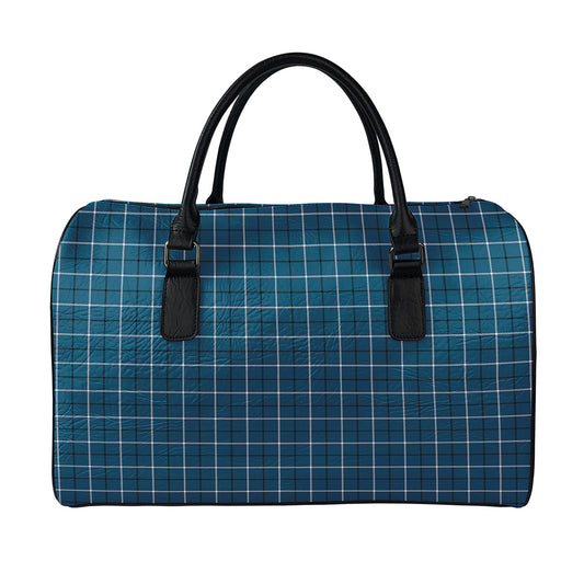 Deep Blue Tattersall Pattern Print Leather Duffle Bag