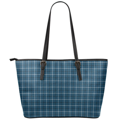 Deep Blue Tattersall Pattern Print Leather Tote Bag