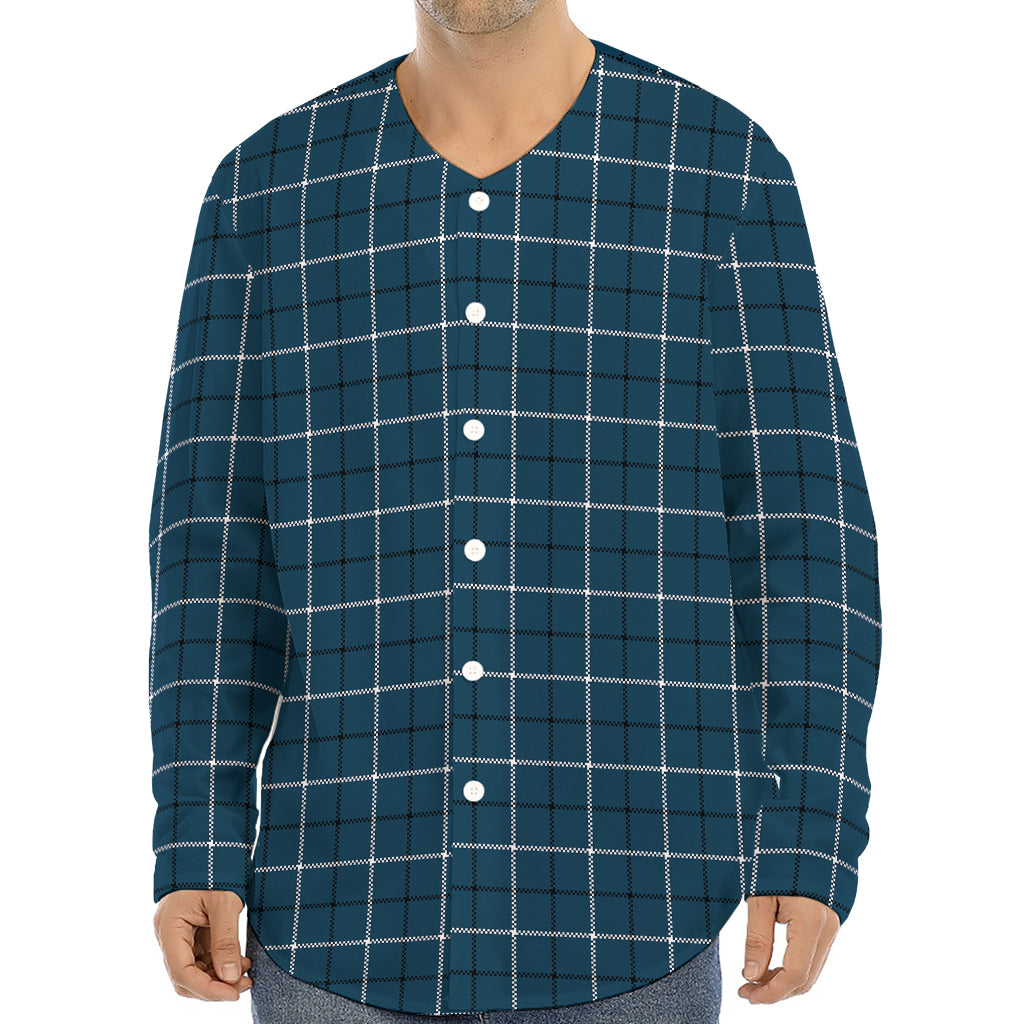 Deep Blue Tattersall Pattern Print Long Sleeve Baseball Jersey