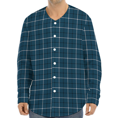 Deep Blue Tattersall Pattern Print Long Sleeve Baseball Jersey