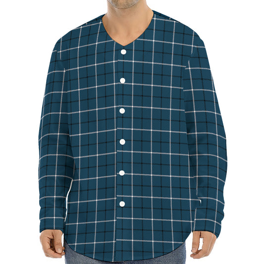 Deep Blue Tattersall Pattern Print Long Sleeve Baseball Jersey