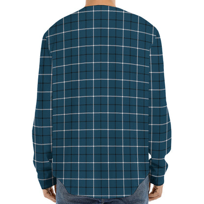 Deep Blue Tattersall Pattern Print Long Sleeve Baseball Jersey