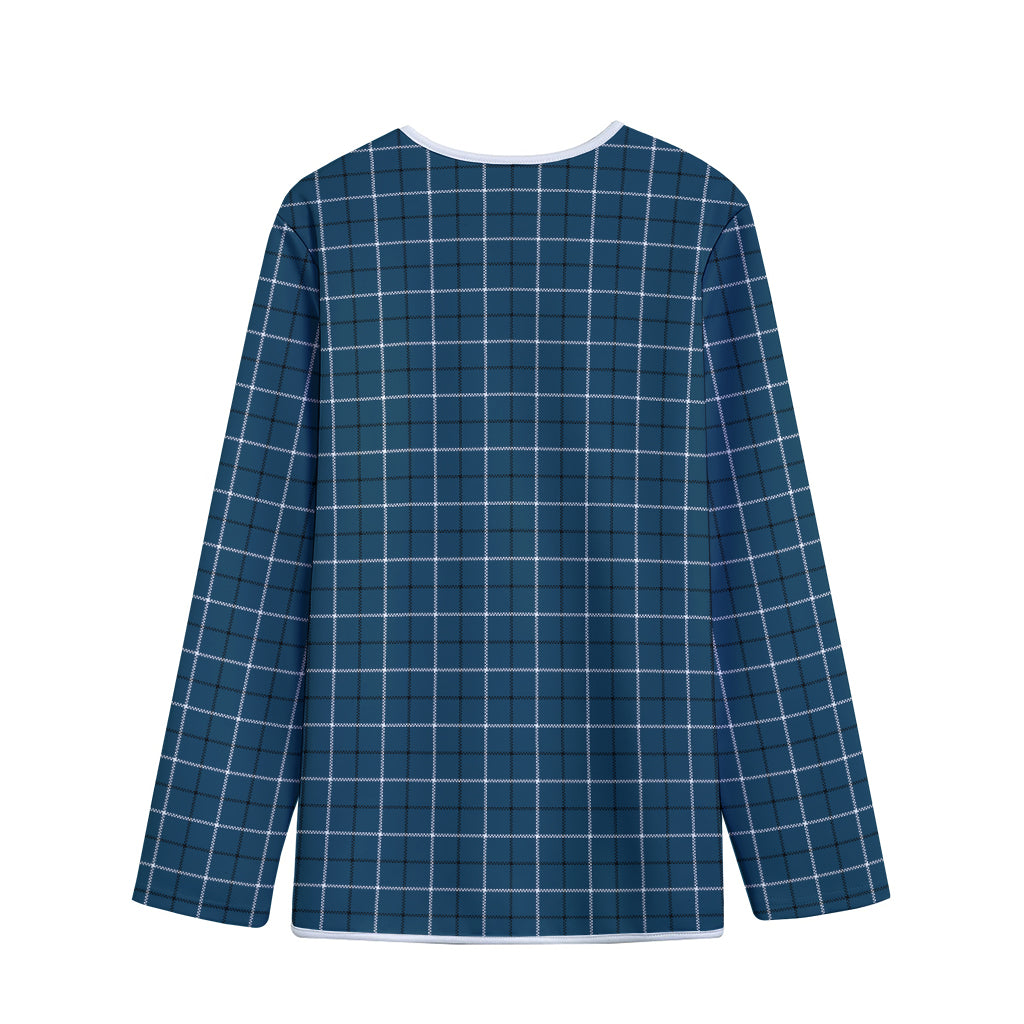 Deep Blue Tattersall Pattern Print Long Sleeve Short Coat
