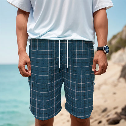 Deep Blue Tattersall Pattern Print Men's Cargo Shorts