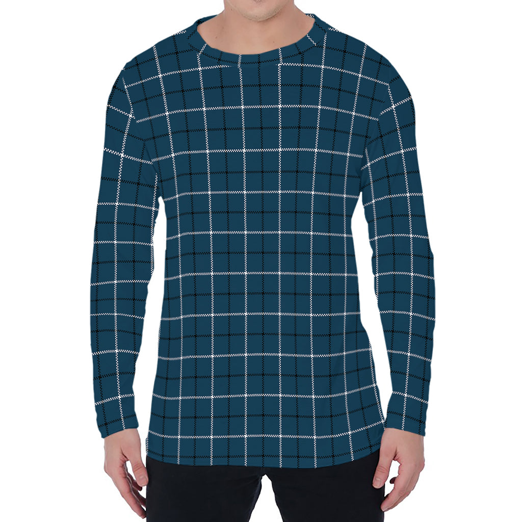 Deep Blue Tattersall Pattern Print Men's Long Sleeve T-Shirt