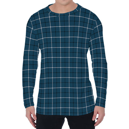 Deep Blue Tattersall Pattern Print Men's Long Sleeve T-Shirt