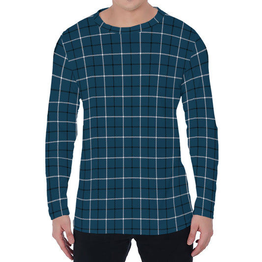 Deep Blue Tattersall Pattern Print Men's Long Sleeve T-Shirt