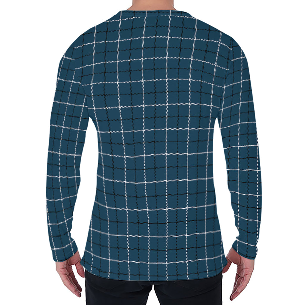 Deep Blue Tattersall Pattern Print Men's Long Sleeve T-Shirt