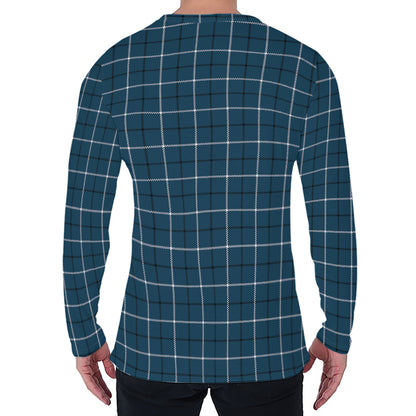 Deep Blue Tattersall Pattern Print Men's Long Sleeve T-Shirt