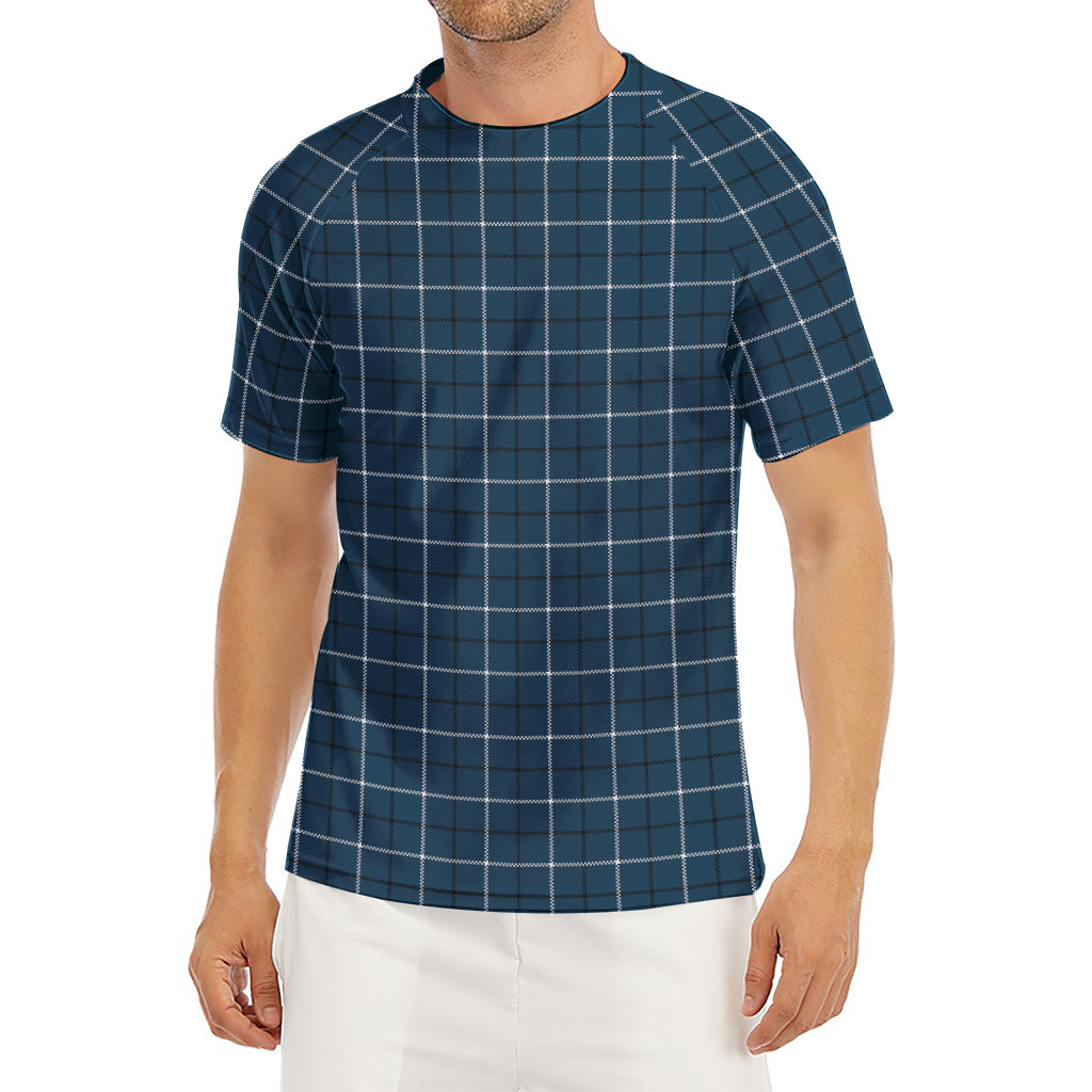 Deep Blue Tattersall Pattern Print Men's Short Sleeve Rash Guard