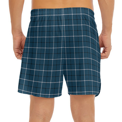 Deep Blue Tattersall Pattern Print Men's Split Running Shorts