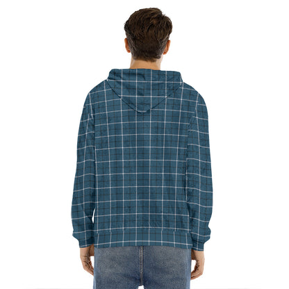 Deep Blue Tattersall Pattern Print Men's Velvet Pullover Hoodie