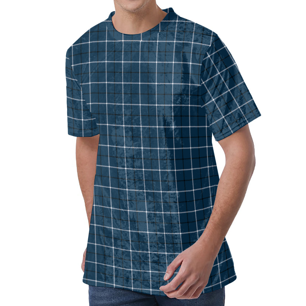 Deep Blue Tattersall Pattern Print Men's Velvet T-Shirt
