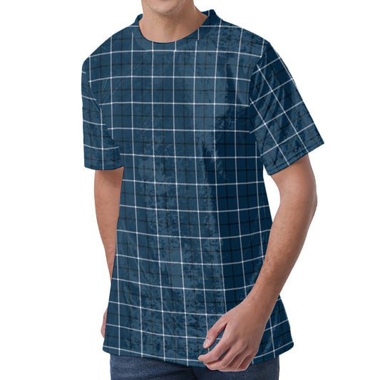 Deep Blue Tattersall Pattern Print Men's Velvet T-Shirt