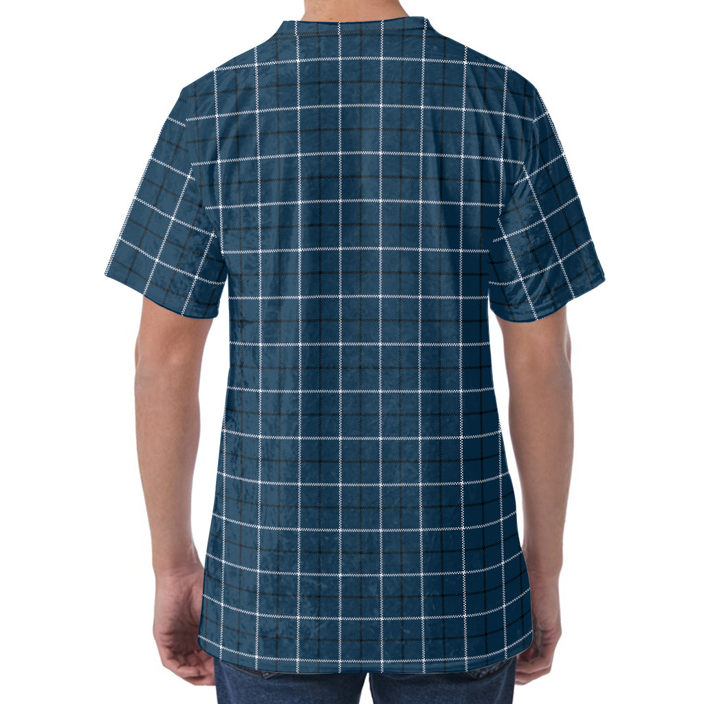 Deep Blue Tattersall Pattern Print Men's Velvet T-Shirt