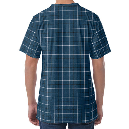 Deep Blue Tattersall Pattern Print Men's Velvet T-Shirt
