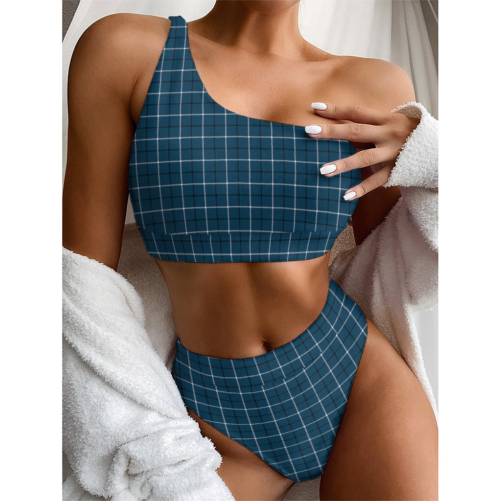 Deep Blue Tattersall Pattern Print One Shoulder Bikini Top