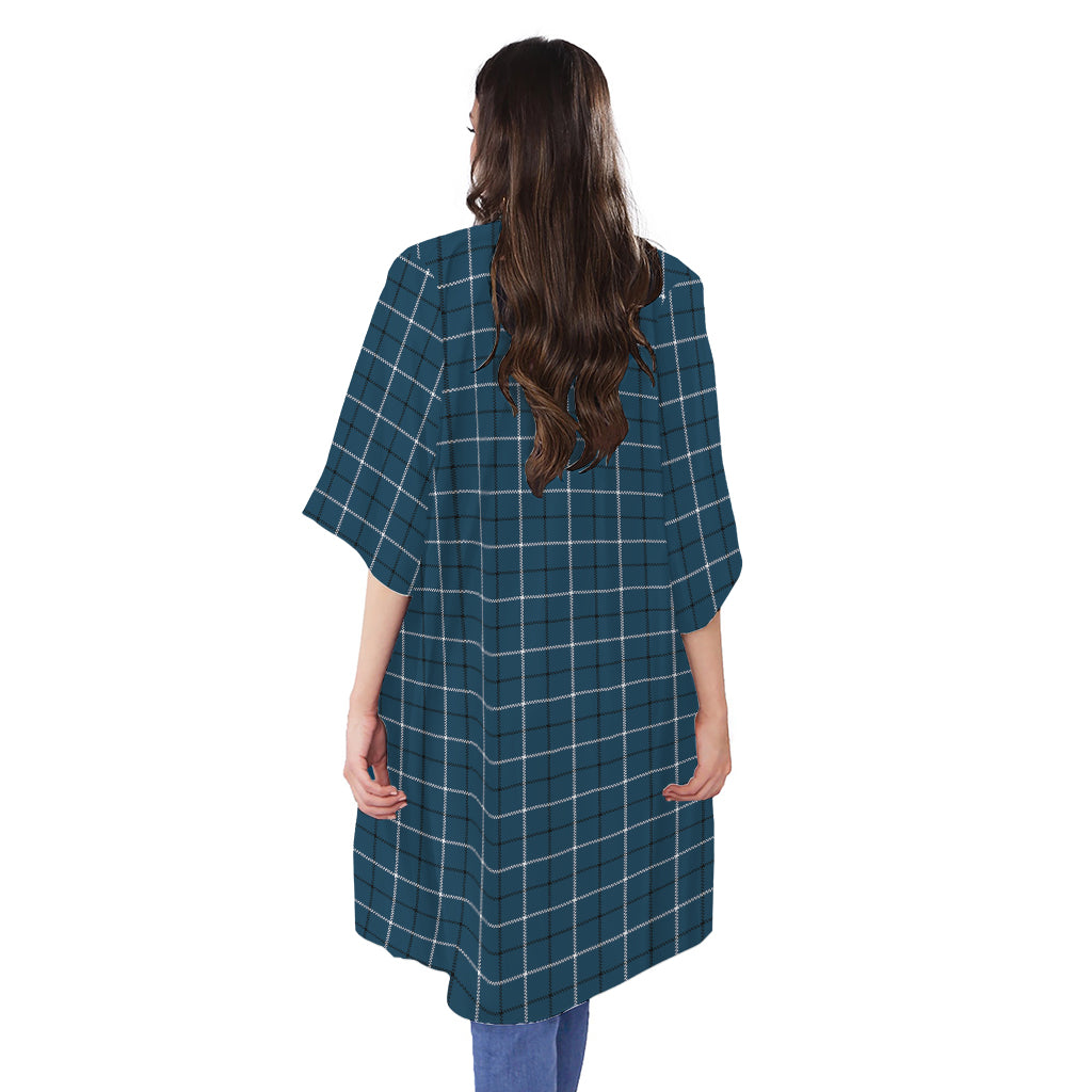Deep Blue Tattersall Pattern Print Open Front Beach Cover Up