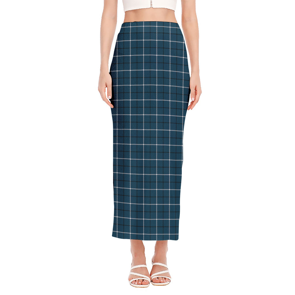 Deep Blue Tattersall Pattern Print Side Slit Maxi Skirt
