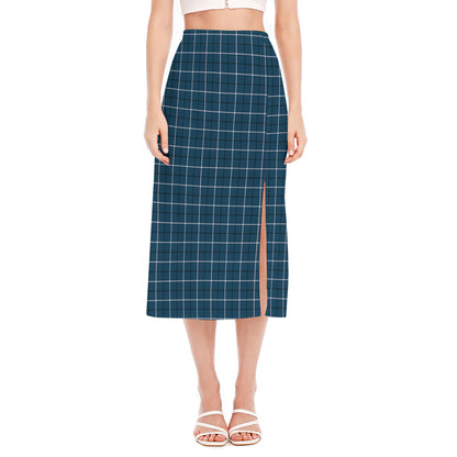 Deep Blue Tattersall Pattern Print Side Slit Midi Skirt