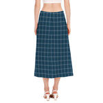 Deep Blue Tattersall Pattern Print Side Slit Midi Skirt