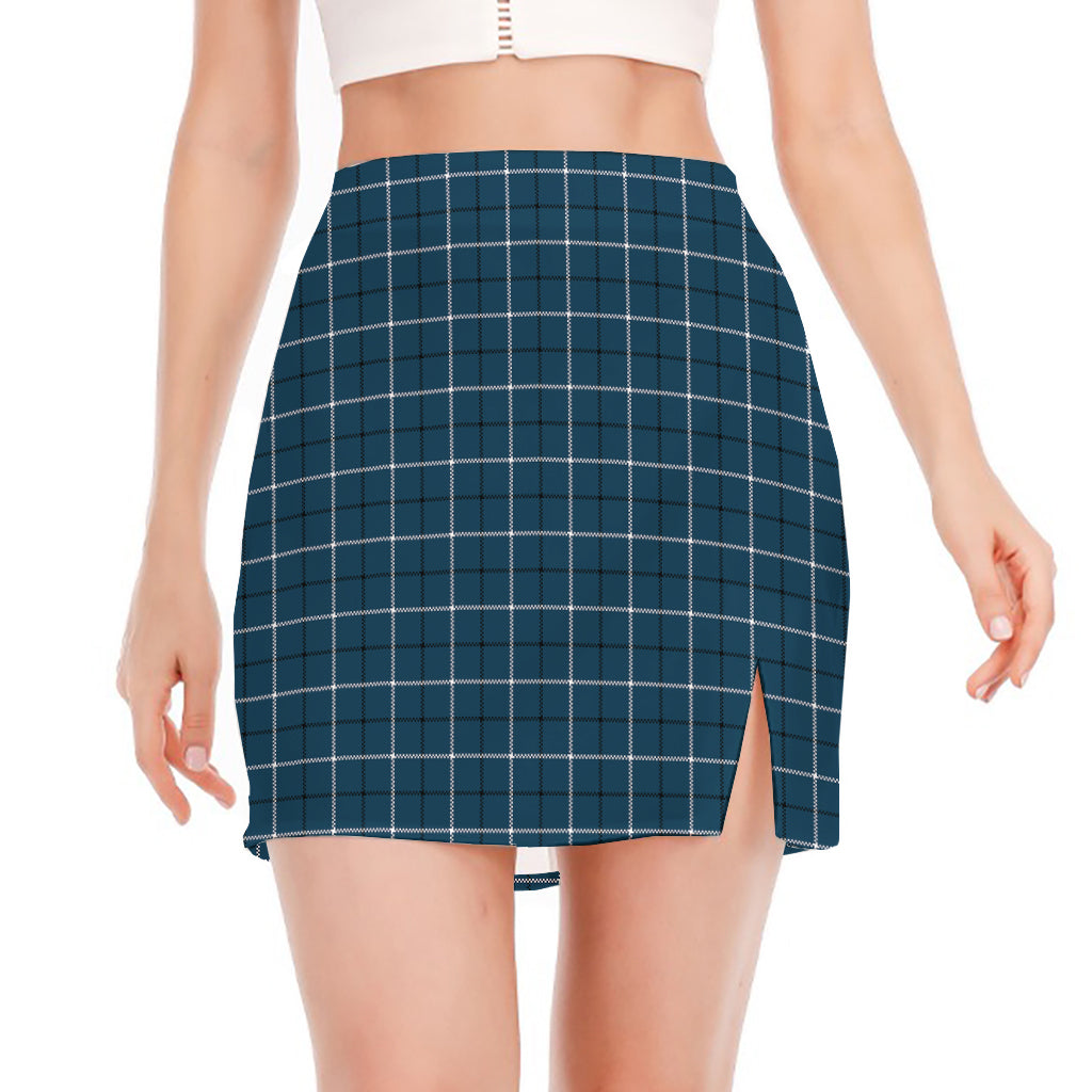 Deep Blue Tattersall Pattern Print Side Slit Mini Skirt