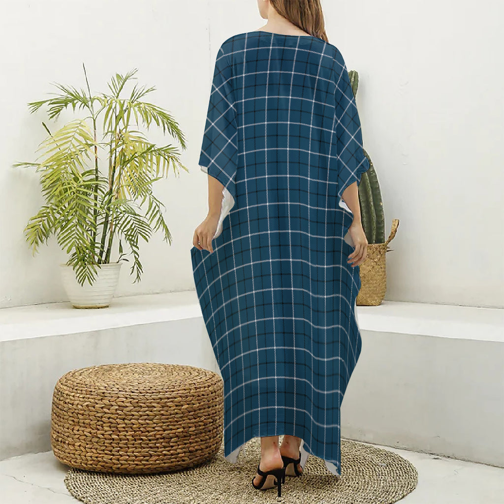 Deep Blue Tattersall Pattern Print Silk V-Neck Kaftan Dress