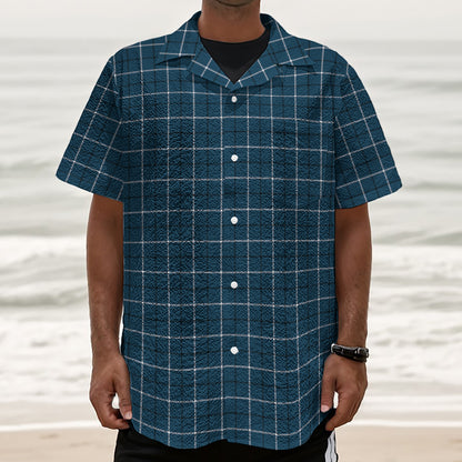 Deep Blue Tattersall Pattern Print Textured Short Sleeve Shirt