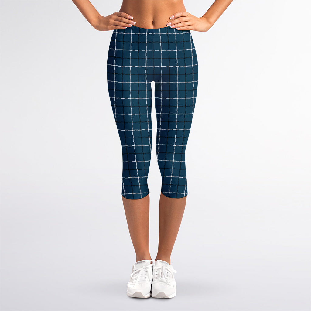 Deep Blue Tattersall Pattern Print Women's Capri Leggings
