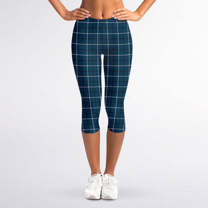 Deep Blue Tattersall Pattern Print Women's Capri Leggings
