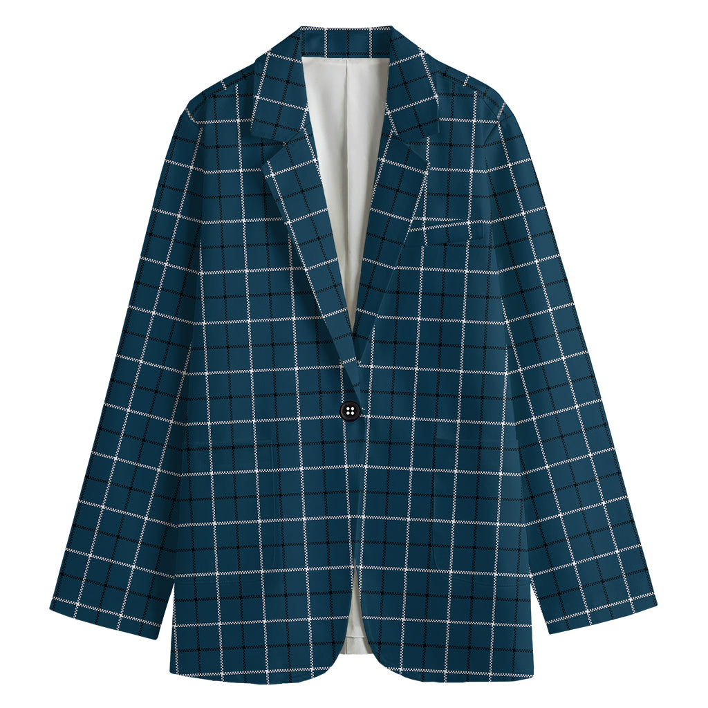 Deep Blue Tattersall Pattern Print Women's Cotton Blazer