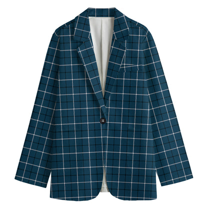 Deep Blue Tattersall Pattern Print Women's Cotton Blazer