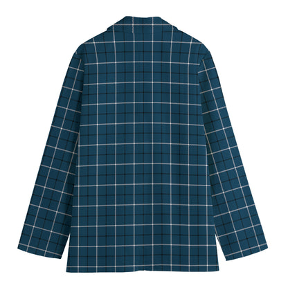 Deep Blue Tattersall Pattern Print Women's Cotton Blazer