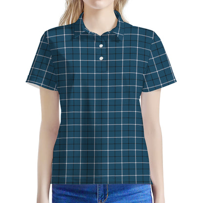 Deep Blue Tattersall Pattern Print Women's Polo Shirt