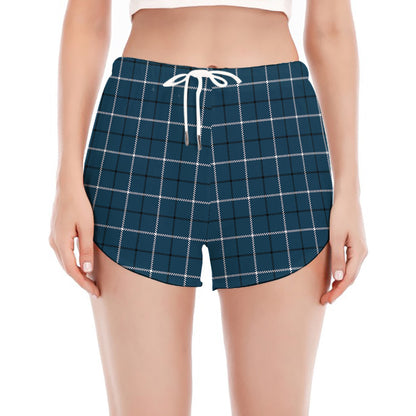 Deep Blue Tattersall Pattern Print Women's Split Running Shorts