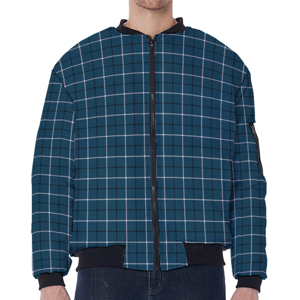 Deep Blue Tattersall Pattern Print Zip Sleeve Bomber Jacket