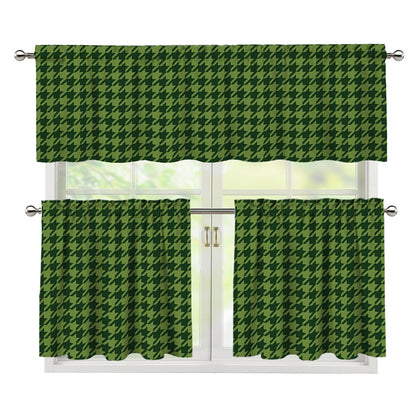 Deep Green Houndstooth Pattern Print 3 Piece Kitchen Curtains
