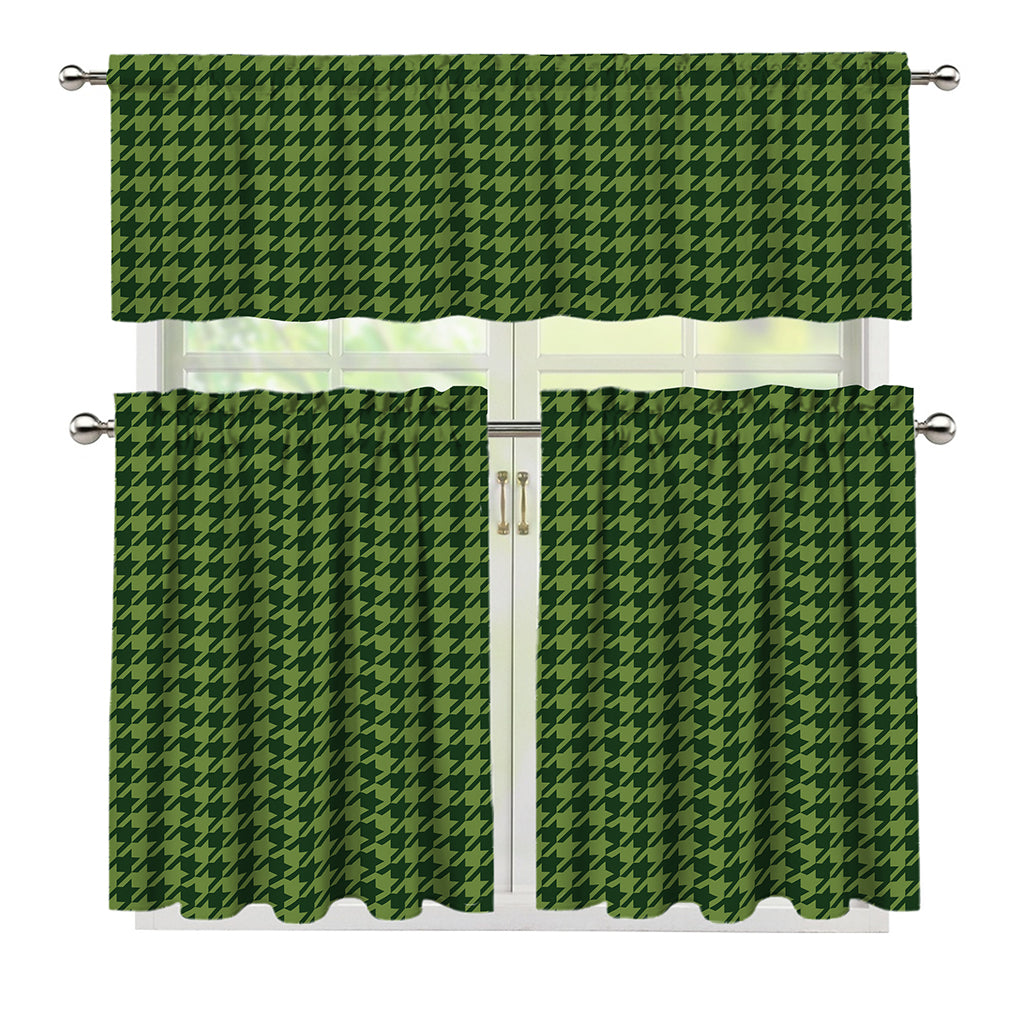 Deep Green Houndstooth Pattern Print 3 Piece Kitchen Curtains