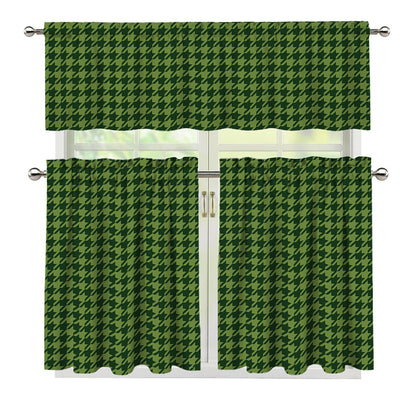 Deep Green Houndstooth Pattern Print 3 Piece Kitchen Curtains