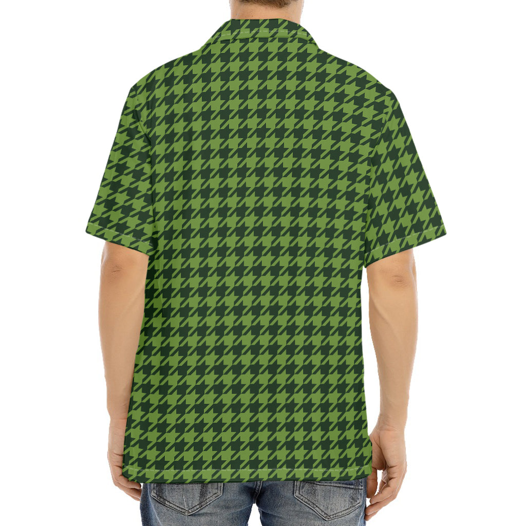 Deep Green Houndstooth Pattern Print Aloha Shirt