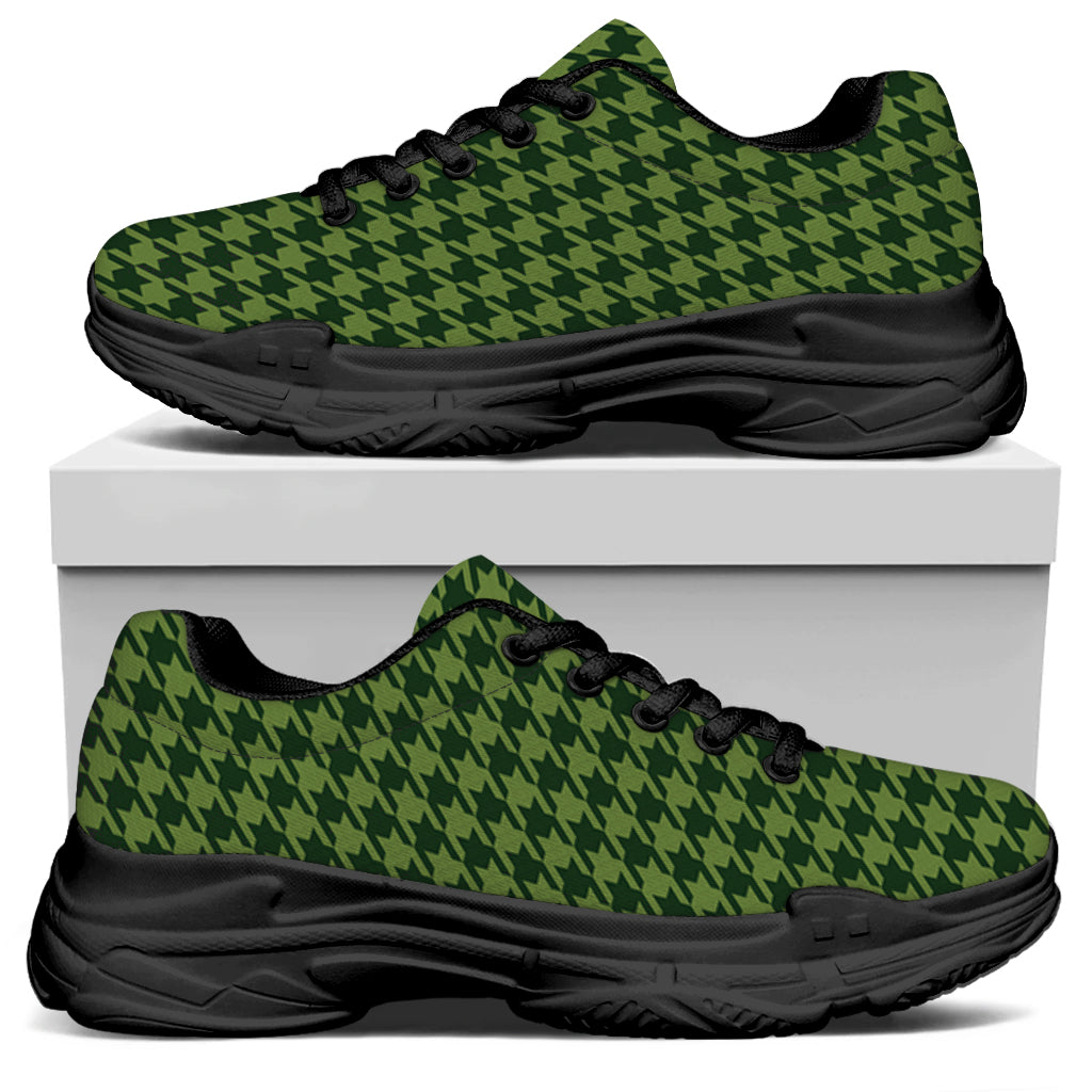 Deep Green Houndstooth Pattern Print Black Chunky Shoes